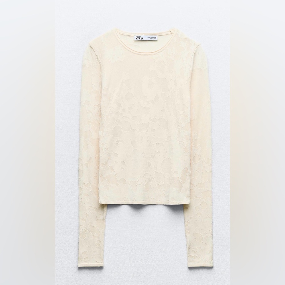 Zara Textured Sheer Knit Top Cream Long Sleeve Minimalist, size Medium